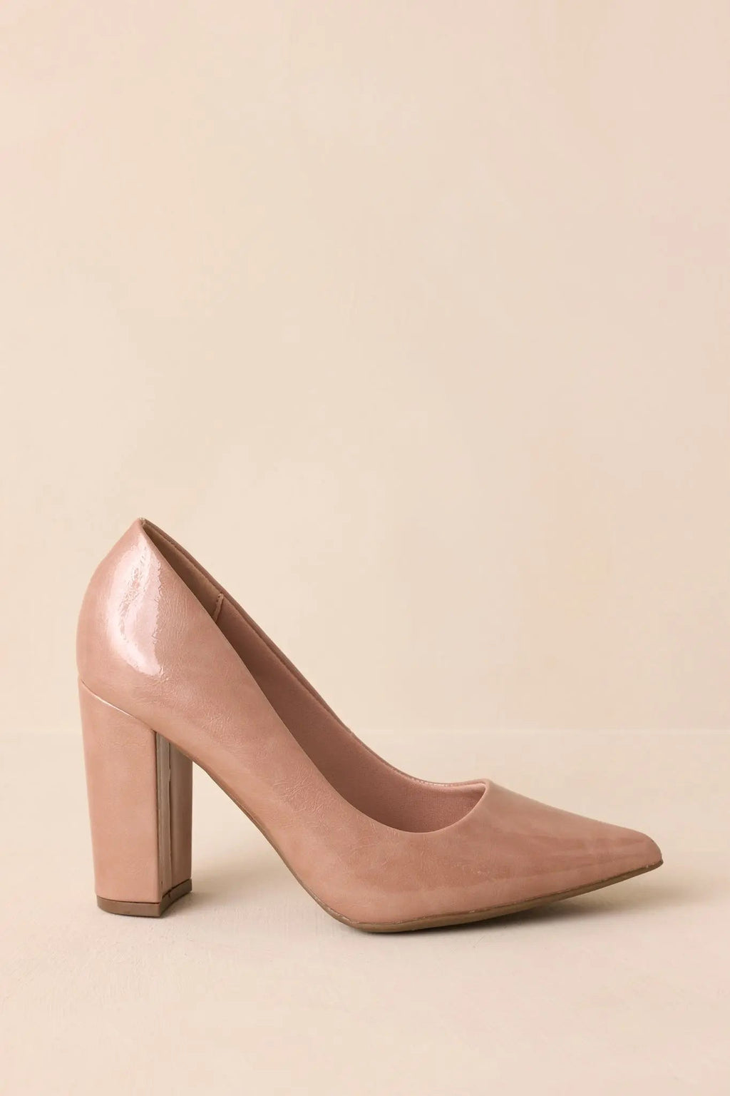 Women's Run The Show Light Mocha Patent Pointed Toe Block Heel Pumps | Heel measures 3.75" 2