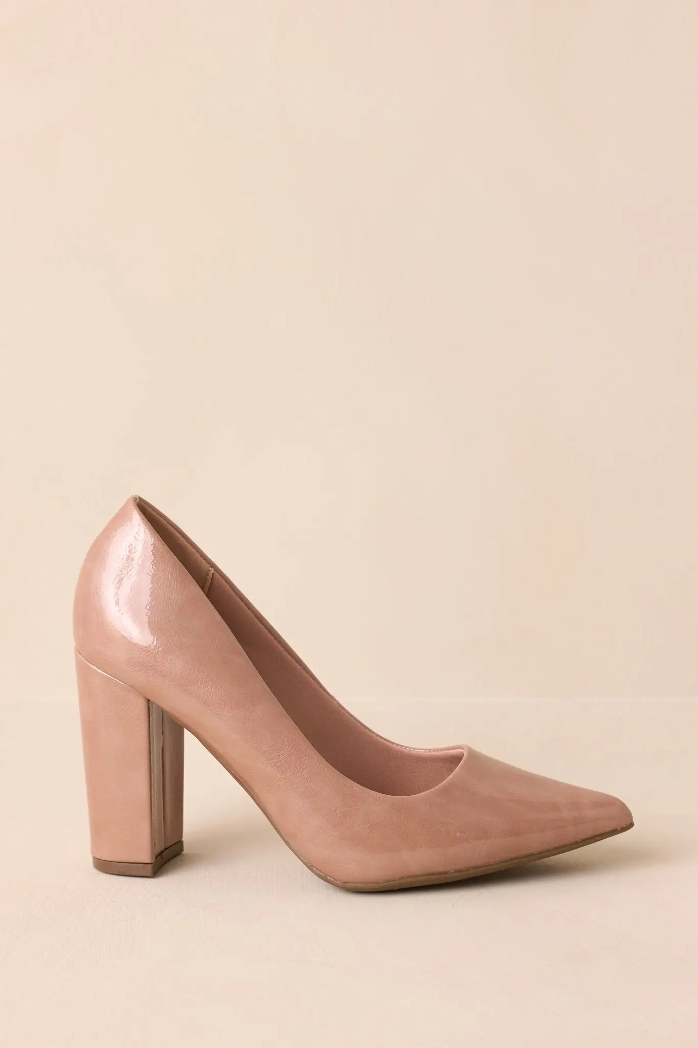 Women's Run The Show Light Mocha Patent Pointed Toe Block Heel Pumps | Heel measures 3.75" 2