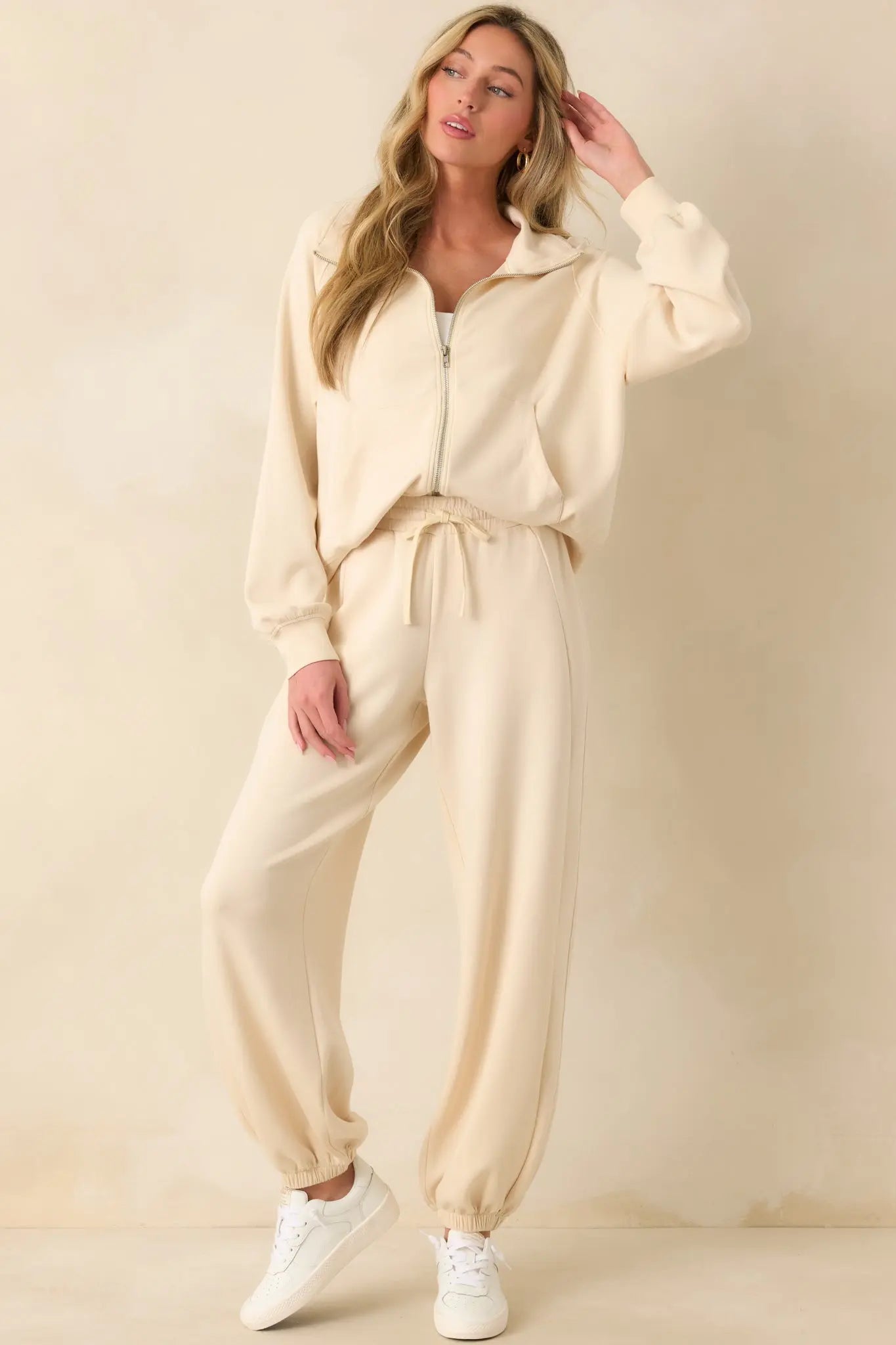 Women's Running Errands Ecru Beige Joggers | 46% Rayon 1