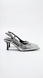 Women's Samantha Collection | Women's Silver Heels with Pointed Toe Design | Chic Slingback Courts for Effortless Style  0