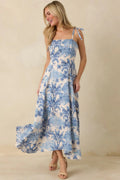 Women's Santorini Sketch Blue Palm Print Tie Strap Maxi Dress | 50% Cotton & 50% Rayon 0