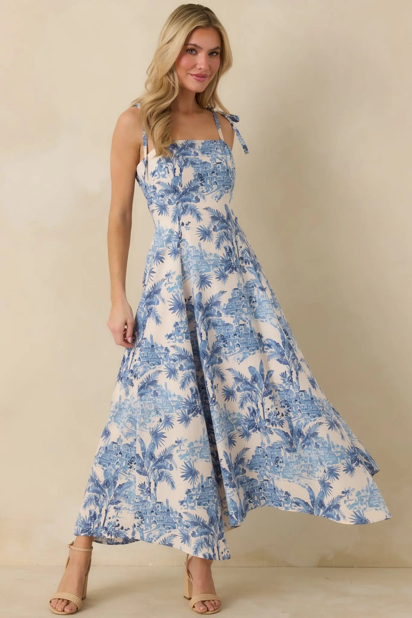 Women's Santorini Sketch Blue Palm Print Tie Strap Maxi Dress | 50% Cotton & 50% Rayon 2