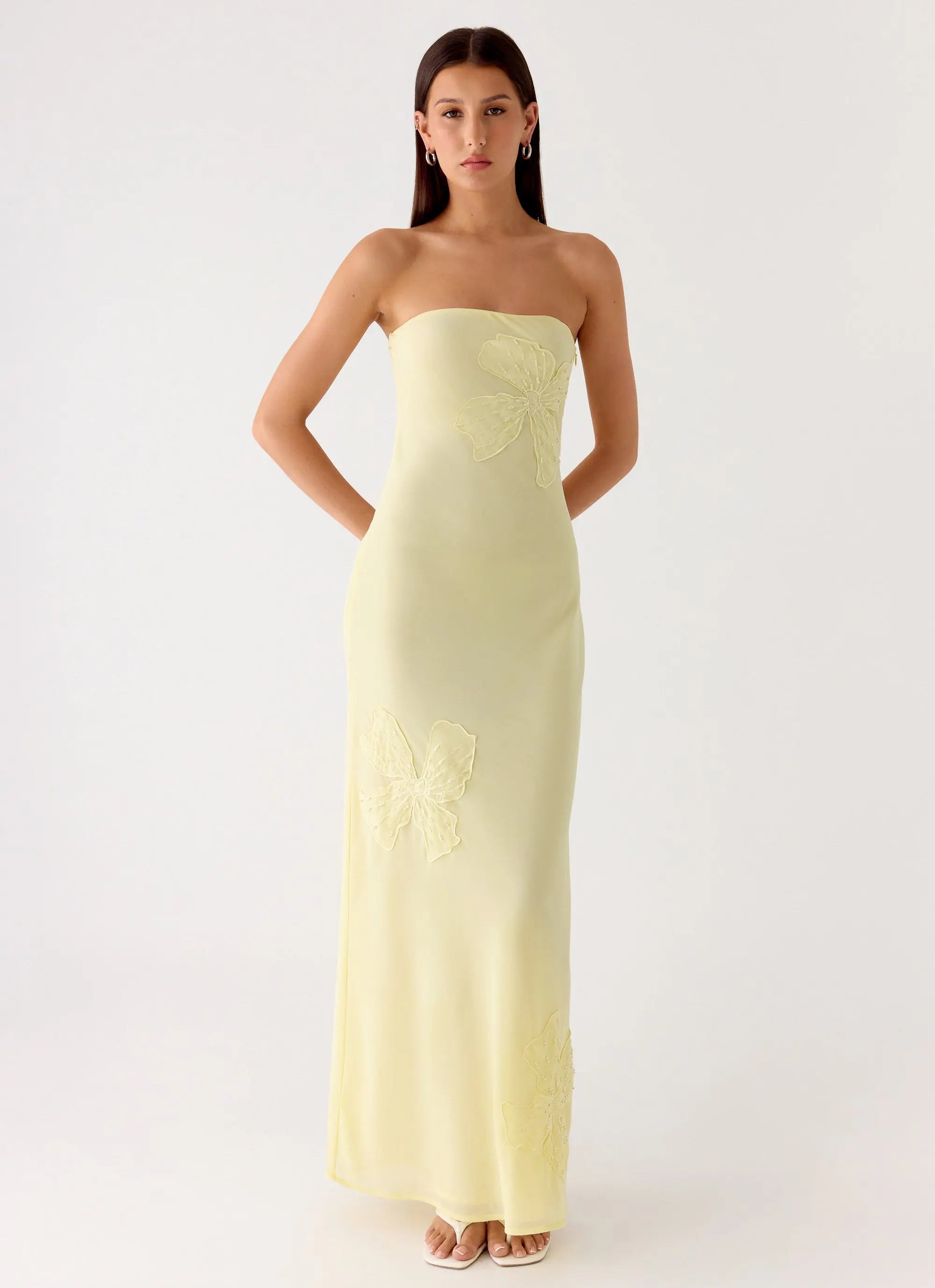 Women's Sassafras Collection | Strapless Maxi Dress with Beaded Flower Design | Elegant Evening Wear for Unforgettable N 7
