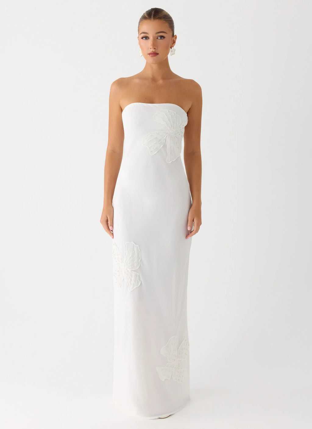 Women's Sassafras Collection | White Maxi Dress with Beaded Flower Detailing | Elegant Evening Gown for Unforgettable Ni 0