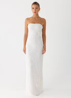 Women's Sassafras Collection | White Maxi Dress with Beaded Flower Detailing | Elegant Evening Gown for Unforgettable Ni 0