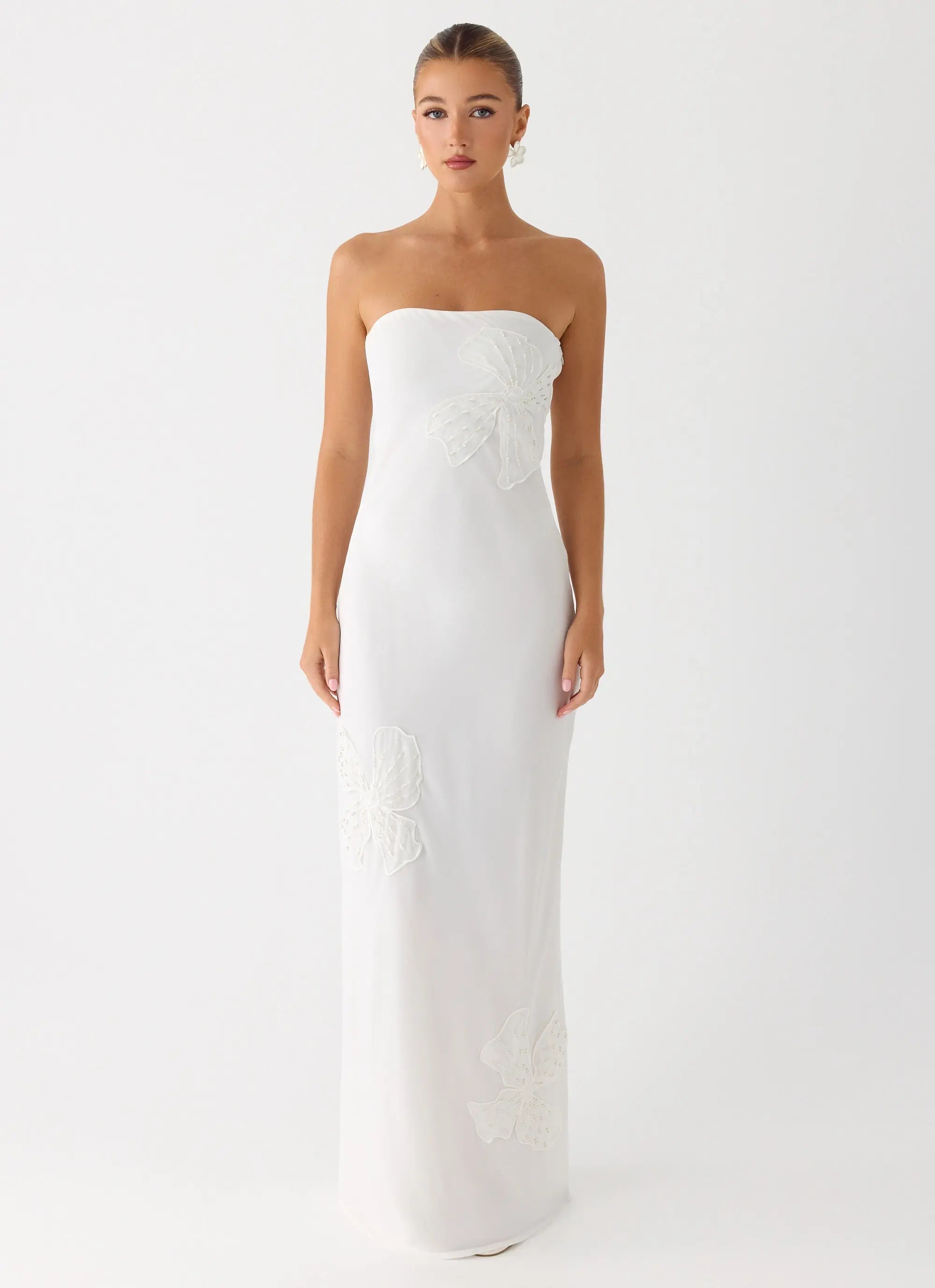 Women's Sassafras Collection | White Maxi Dress with Beaded Flower Detailing | Elegant Evening Gown for Unforgettable Ni 0