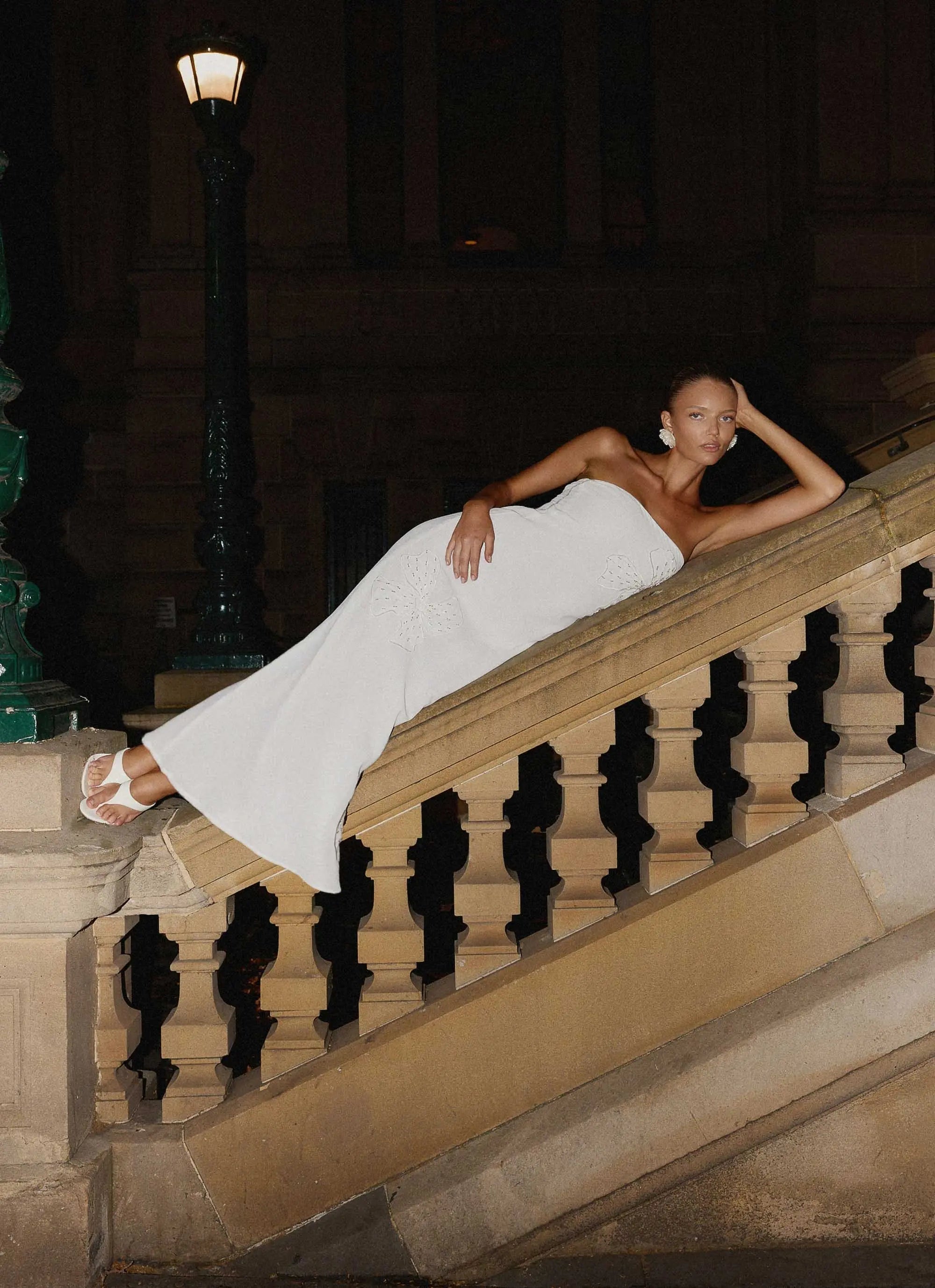 Women's Sassafras Collection | White Maxi Dress with Beaded Flower Detailing | Elegant Evening Gown for Unforgettable Ni 4