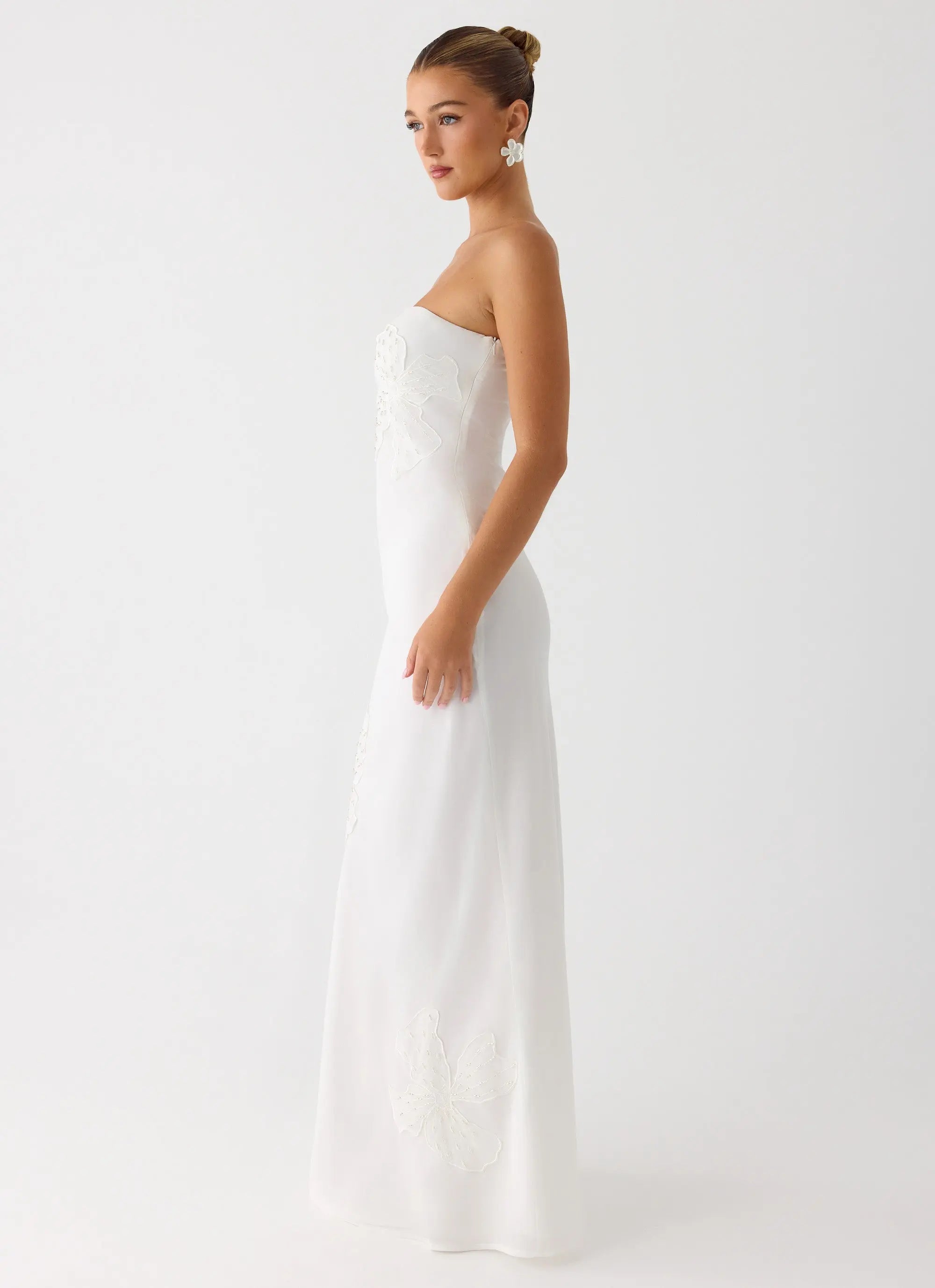 Women's Sassafras Collection | White Maxi Dress with Beaded Flower Detailing | Elegant Evening Gown for Unforgettable Ni 5