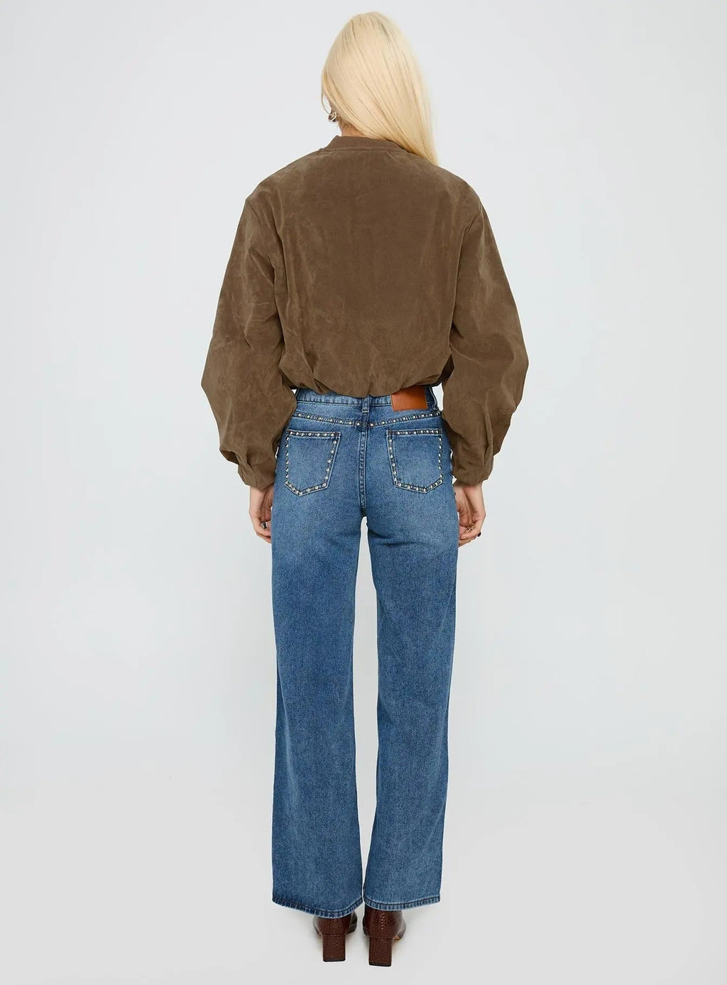 Women's Saving Up Mid Rise Straight Leg Studded Jeans Mid Blue | Stud detail mid-rise denim jeans 4