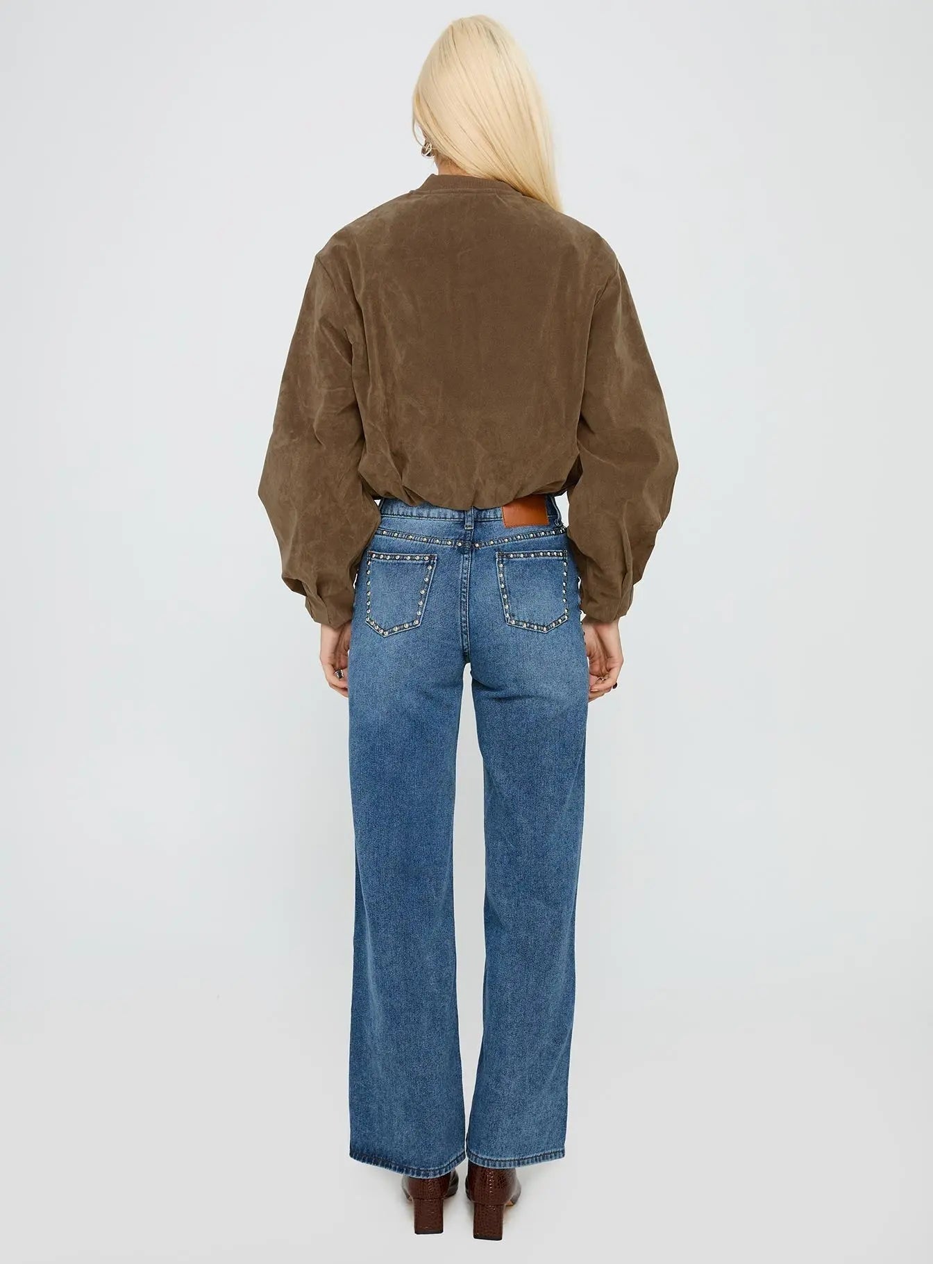 Women's Saving Up Mid Rise Straight Leg Studded Jeans Mid Blue | Stud detail mid-rise denim jeans 4