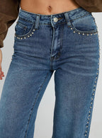 Women's Saving Up Mid Rise Straight Leg Studded Jeans Mid Blue | Stud detail mid-rise denim jeans 5