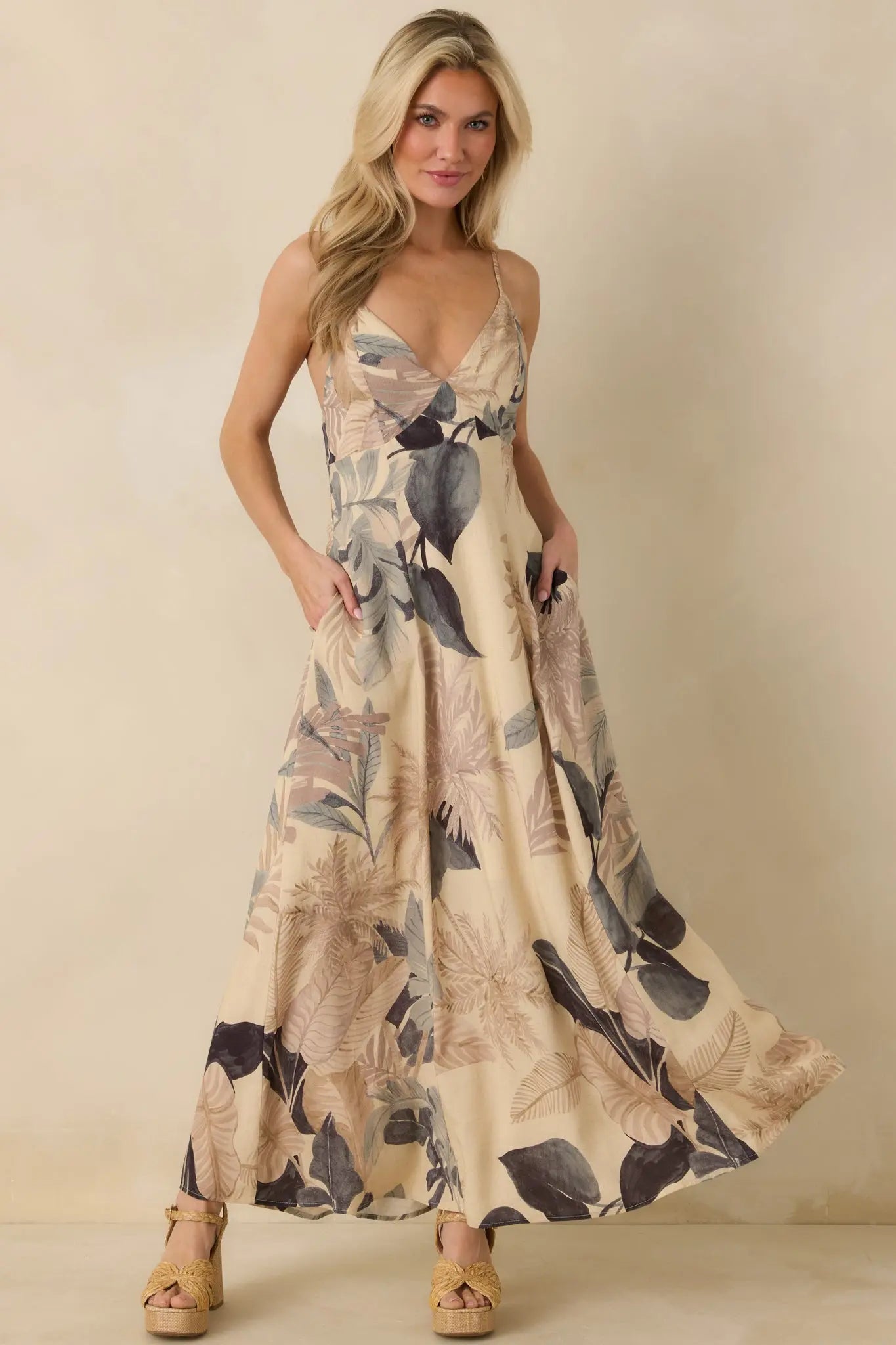 Women's Say It Again Beige Multi Tropical Tie-Back Maxi Dress | 85% Rayon & 15% Linen 3