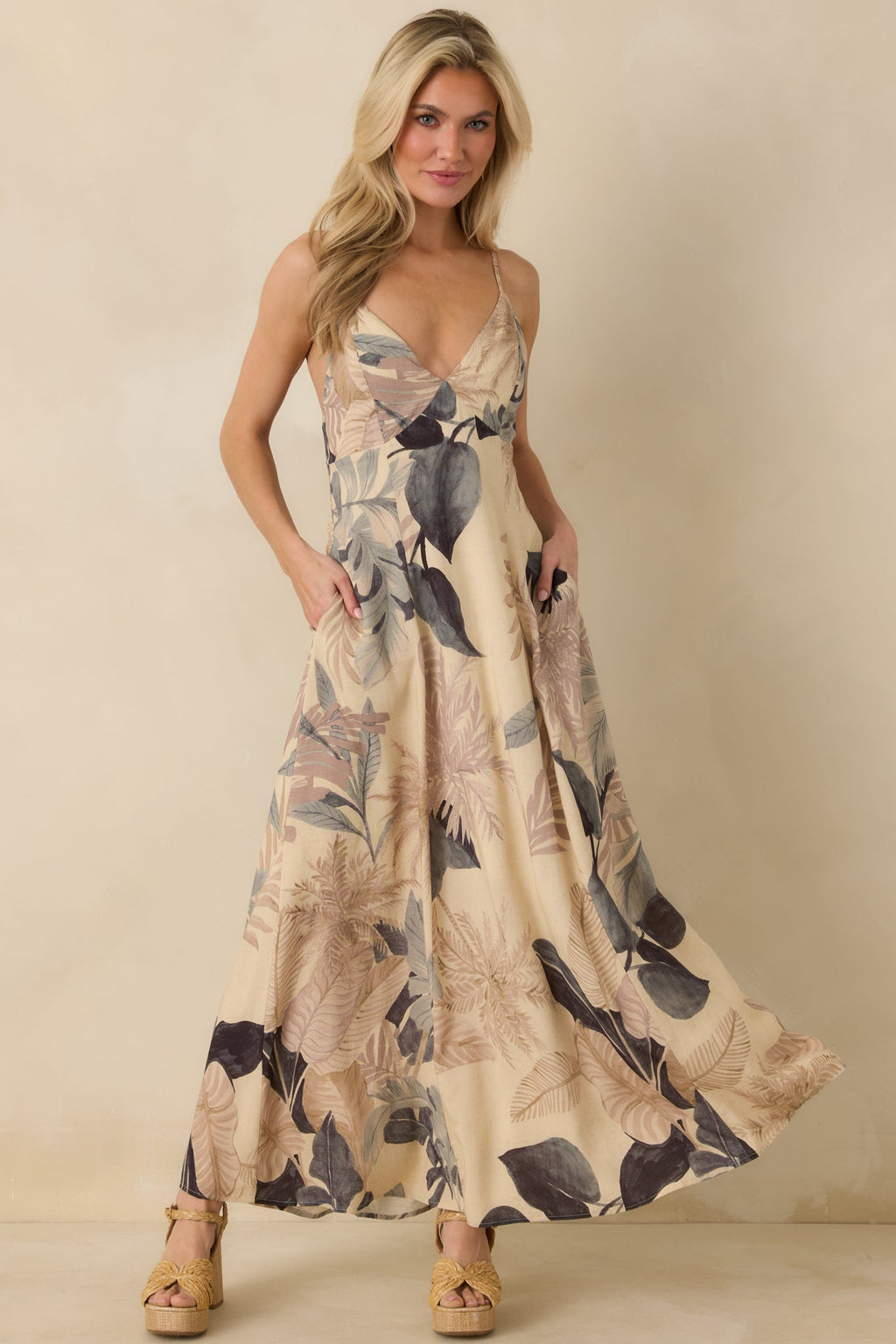 Women's Say It Again Beige Multi Tropical Tie-Back Maxi Dress | 85% Rayon & 15% Linen 3
