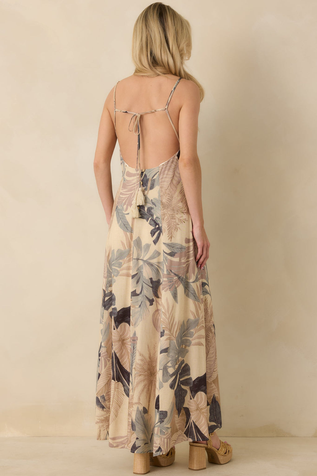 Women's Say It Again Beige Multi Tropical Tie-Back Maxi Dress | 85% Rayon & 15% Linen 6