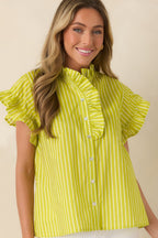 Women's Say Less Chartreuse Stripe Cotton Ruffle Trim Blouse | 100% Cotton 1