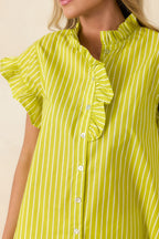 Women's Say Less Chartreuse Stripe Cotton Ruffle Trim Blouse | 100% Cotton 2