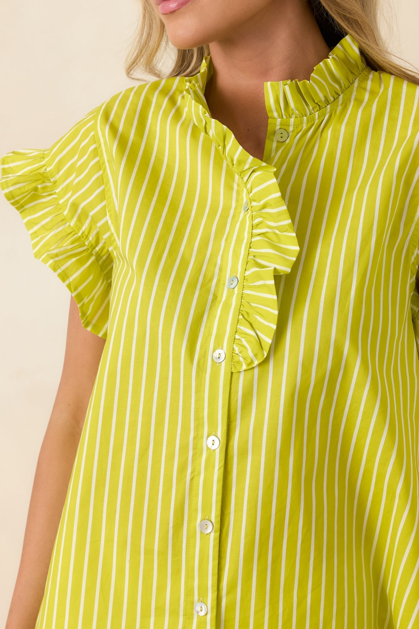 Women's Say Less Chartreuse Stripe Cotton Ruffle Trim Blouse | 100% Cotton 2