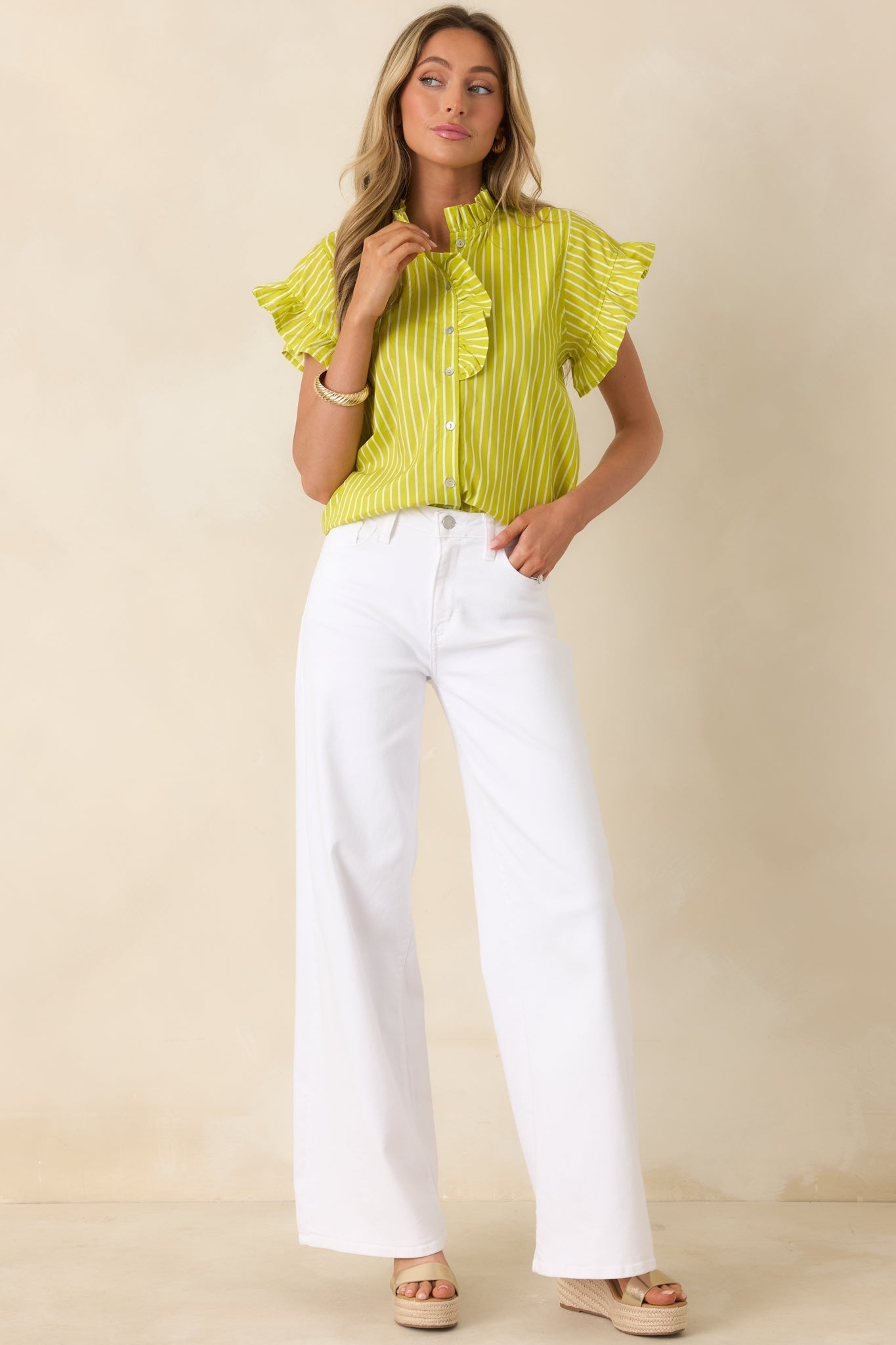 Women's Say Less Chartreuse Stripe Cotton Ruffle Trim Blouse | 100% Cotton 3