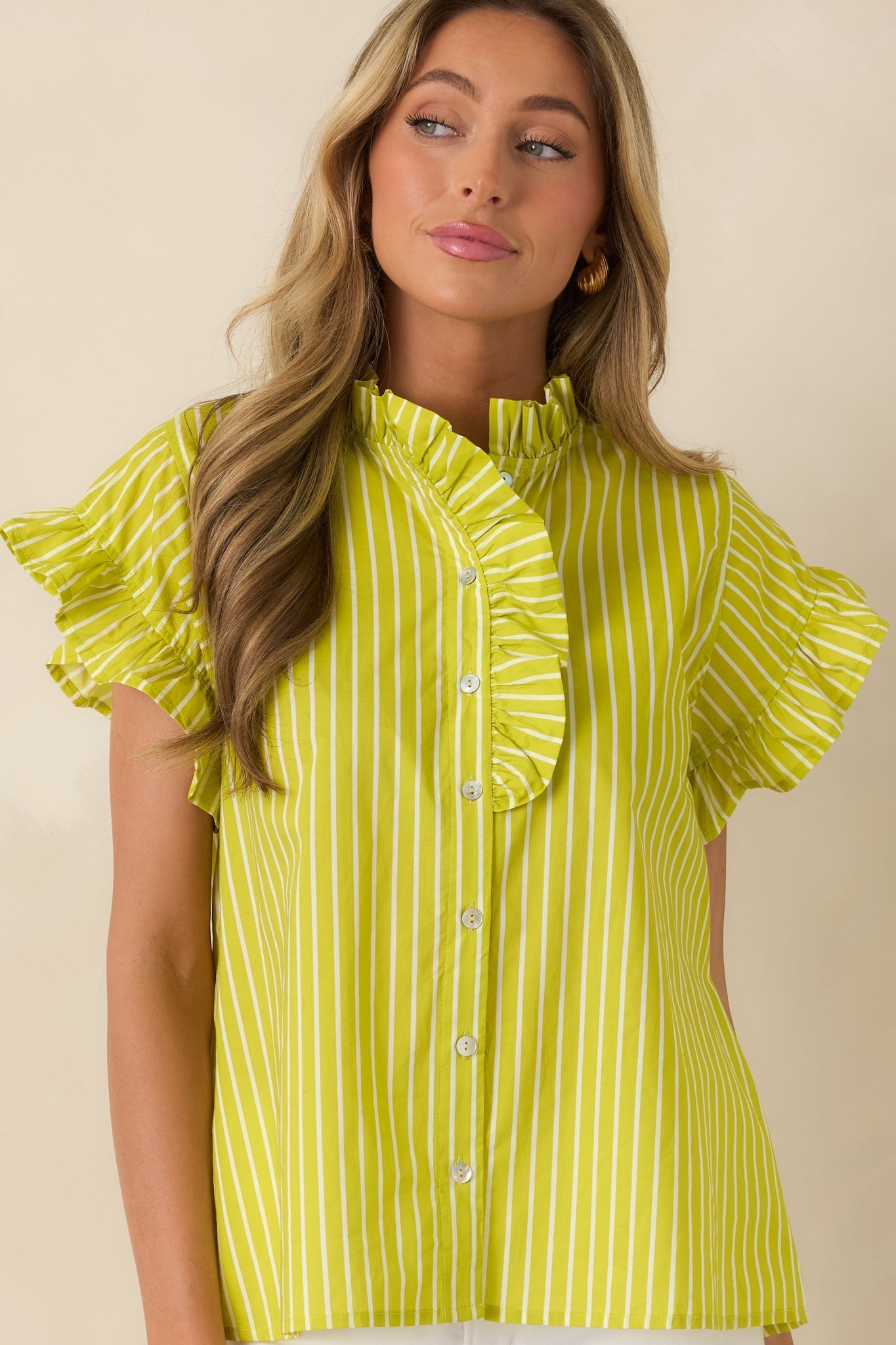 Women's Say Less Chartreuse Stripe Cotton Ruffle Trim Blouse | 100% Cotton 4