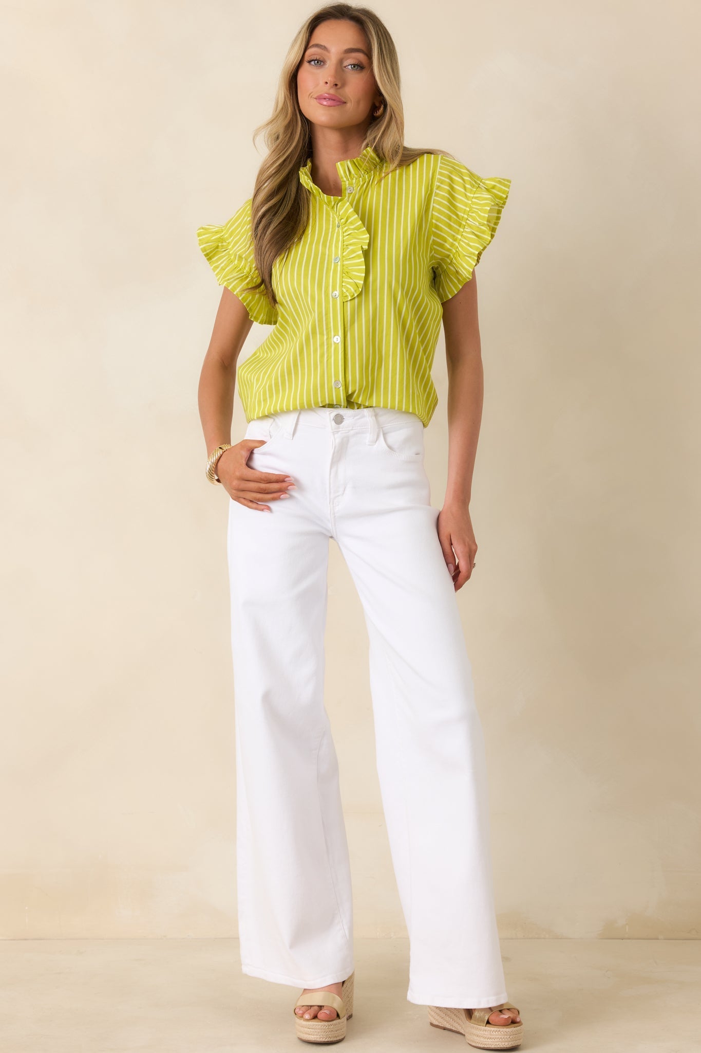 Women's Say Less Chartreuse Stripe Cotton Ruffle Trim Blouse | 100% Cotton 6