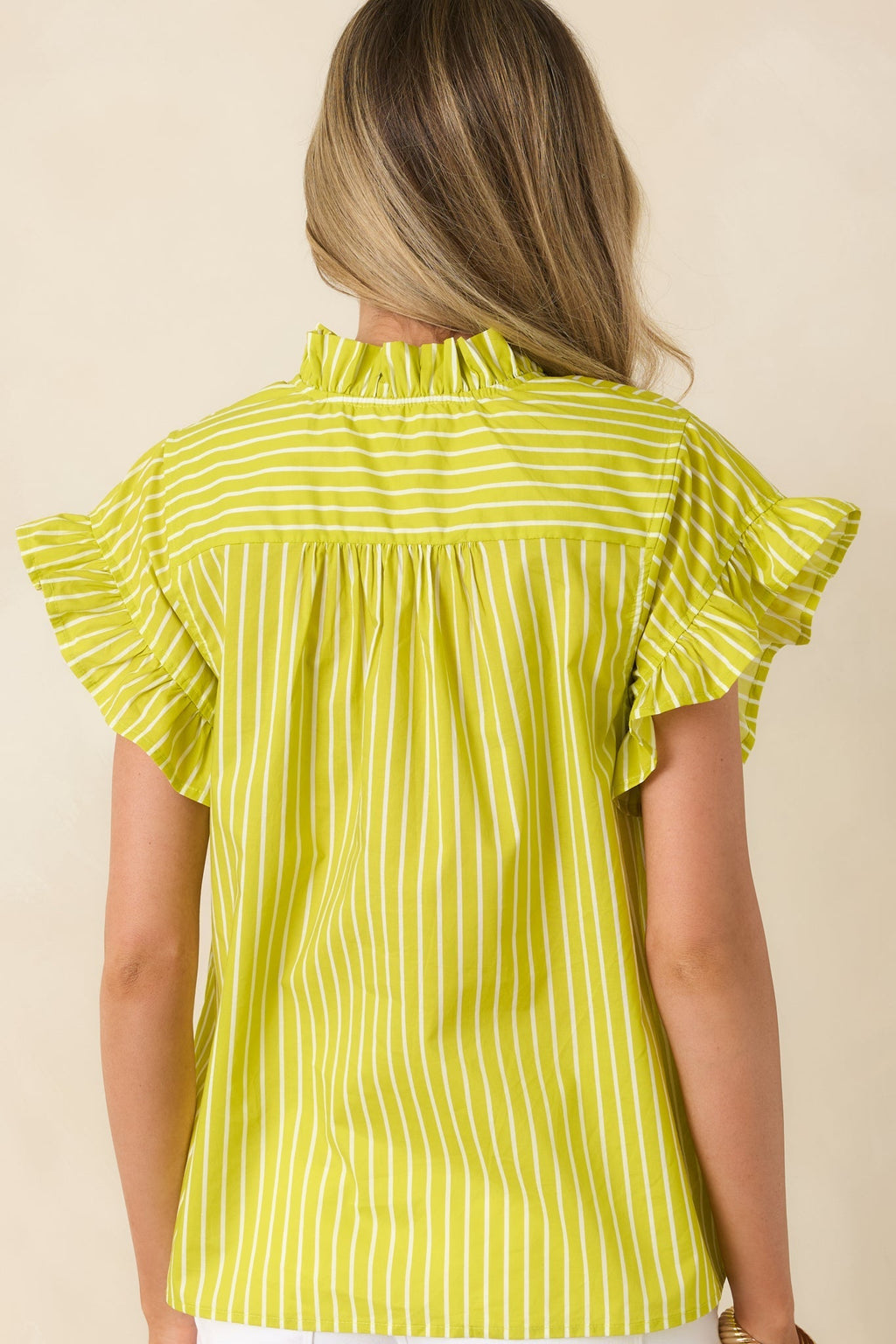 Women's Say Less Chartreuse Stripe Cotton Ruffle Trim Blouse | 100% Cotton 7