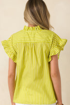 Women's Say Less Chartreuse Stripe Cotton Ruffle Trim Blouse | 100% Cotton 7