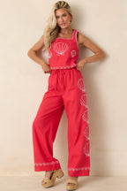 Women's Sea You Soon Red Cotton Blend Shell Embroidered Tank Top | 50% Cotton 4