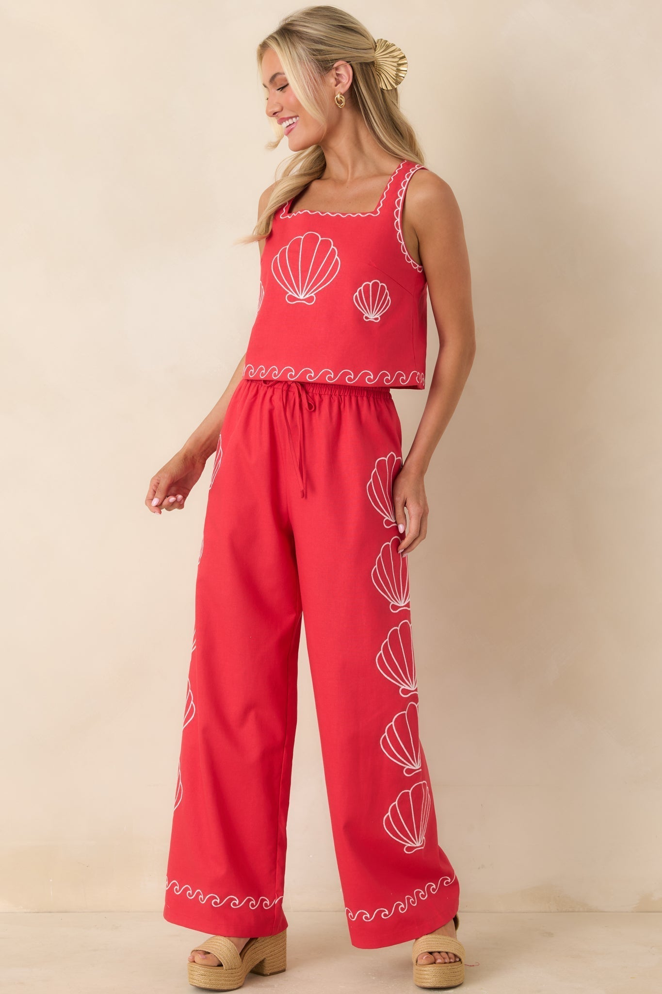 Women's Sea You Soon Red Cotton Blend Shell Embroidered Tank Top | 50% Cotton 5
