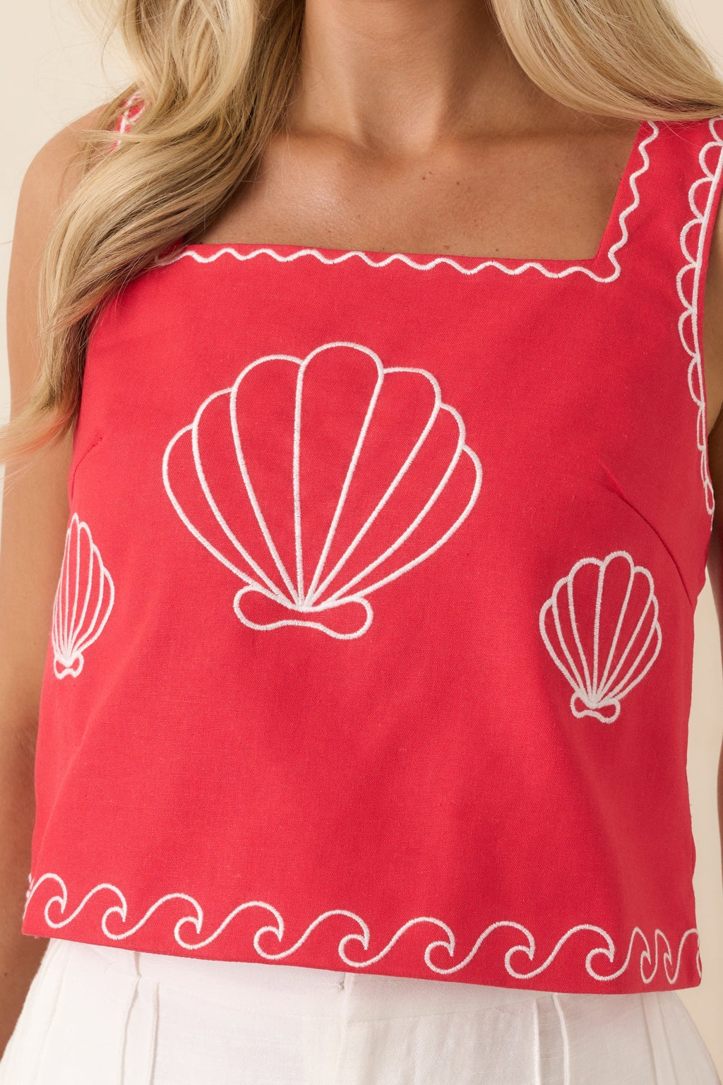 Women's Sea You Soon Red Cotton Blend Shell Embroidered Tank Top | 50% Cotton 6