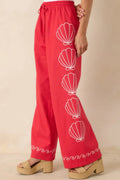 Women's Sea You Soon Red Cotton Blend Shell Embroidered Wide Leg Pants | 50% Cotton 0