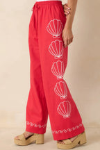 Women's Sea You Soon Red Cotton Blend Shell Embroidered Wide Leg Pants | 50% Cotton 0