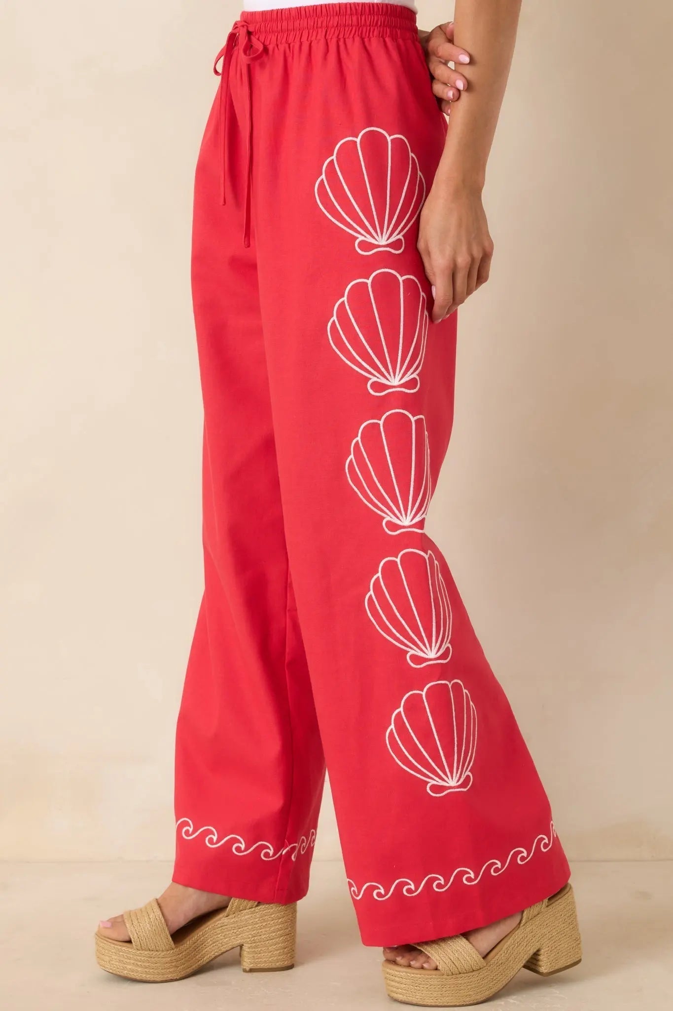 Women's Sea You Soon Red Cotton Blend Shell Embroidered Wide Leg Pants | 50% Cotton 0
