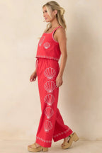 Women's Sea You Soon Red Cotton Blend Shell Embroidered Wide Leg Pants | 50% Cotton 1