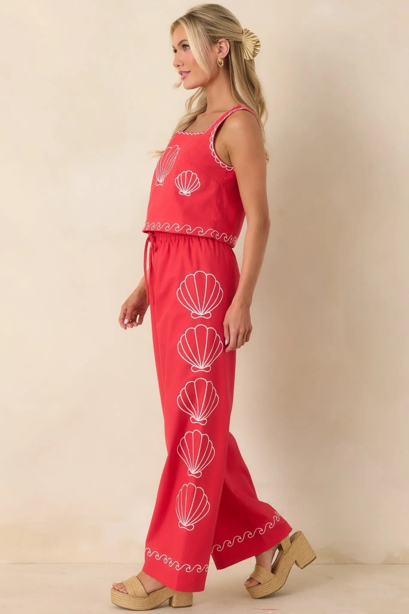 Women's Sea You Soon Red Cotton Blend Shell Embroidered Wide Leg Pants | 50% Cotton 1