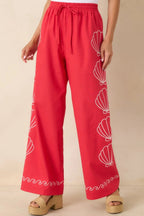 Women's Sea You Soon Red Cotton Blend Shell Embroidered Wide Leg Pants | 50% Cotton 2