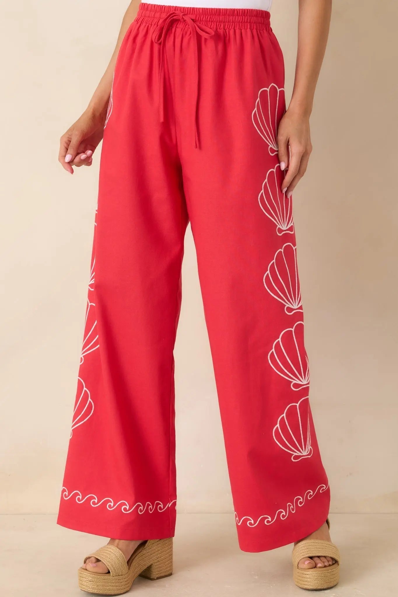 Women's Sea You Soon Red Cotton Blend Shell Embroidered Wide Leg Pants | 50% Cotton 2