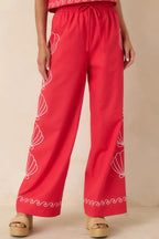 Women's Sea You Soon Red Cotton Blend Shell Embroidered Wide Leg Pants | 50% Cotton 3