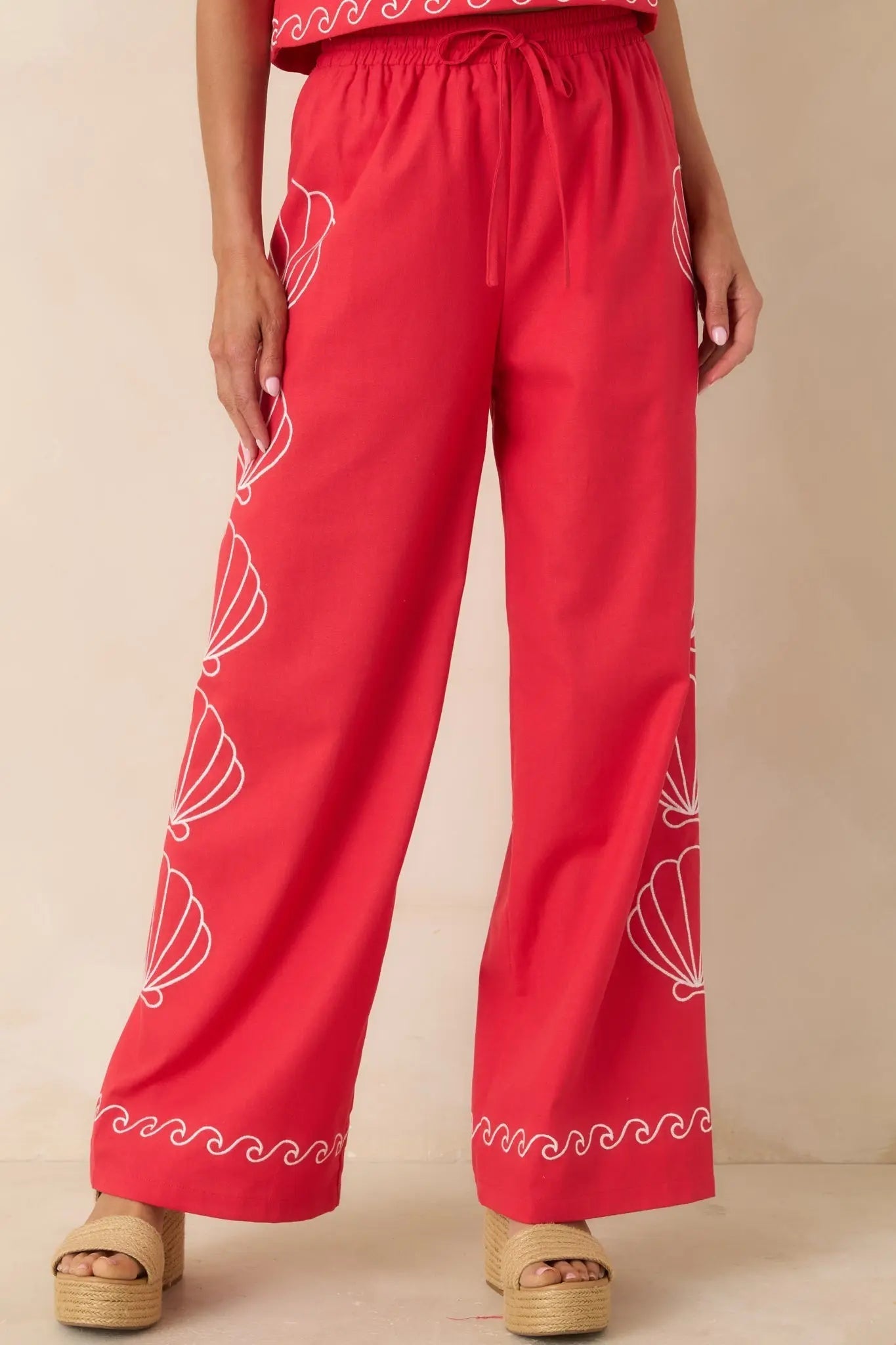 Women's Sea You Soon Red Cotton Blend Shell Embroidered Wide Leg Pants | 50% Cotton 3