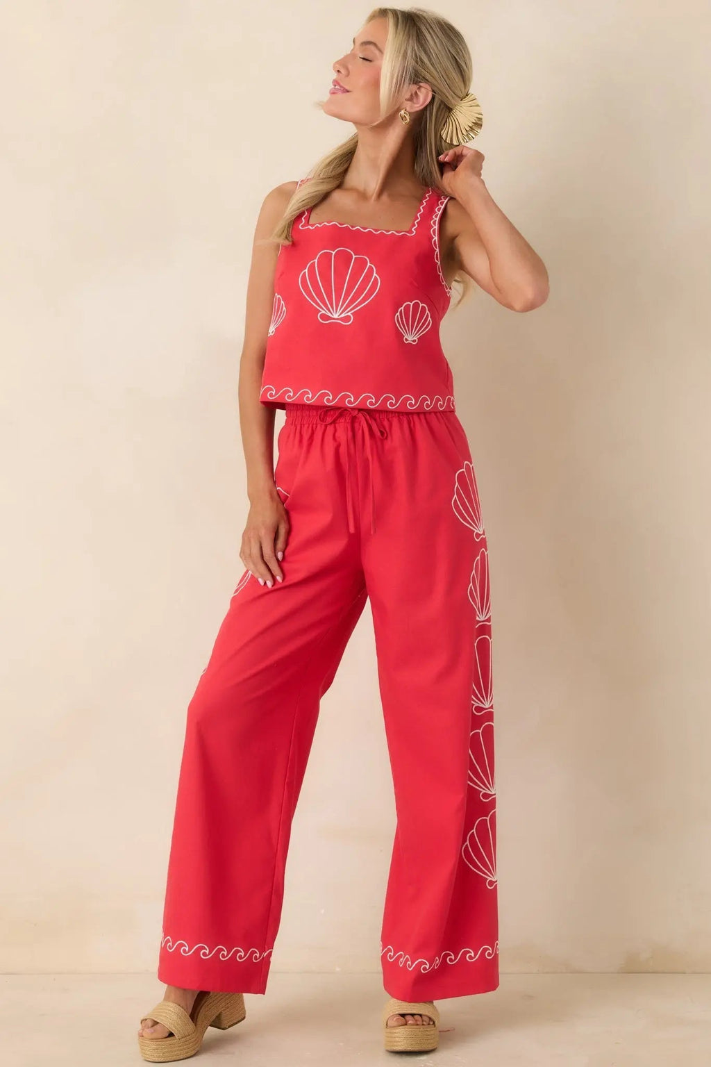 Women's Sea You Soon Red Cotton Blend Shell Embroidered Wide Leg Pants | 50% Cotton 5