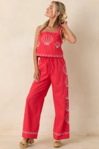 Women's Sea You Soon Red Cotton Blend Shell Embroidered Wide Leg Pants | 50% Cotton 5