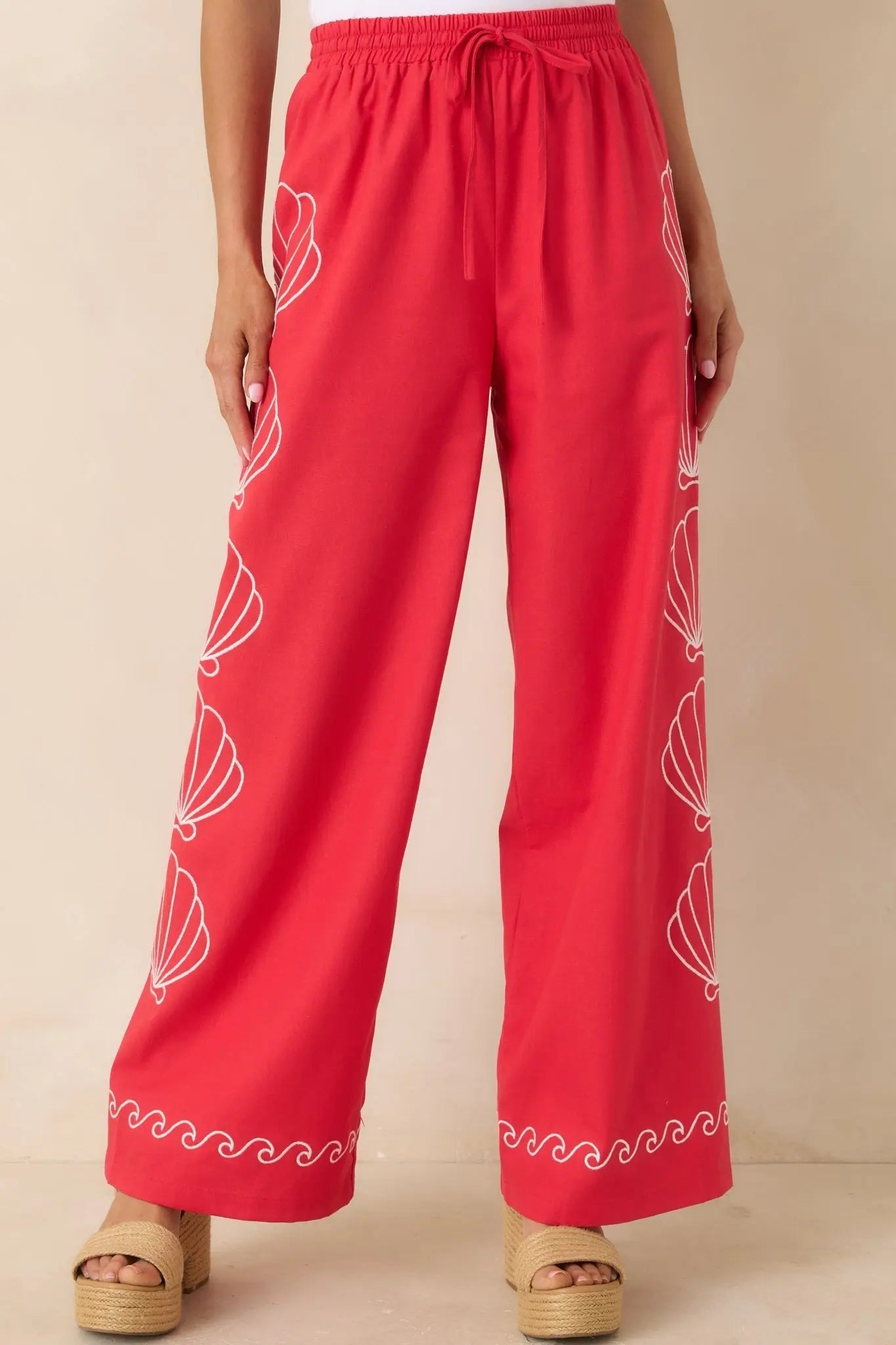 Women's Sea You Soon Red Cotton Blend Shell Embroidered Wide Leg Pants | 50% Cotton 6