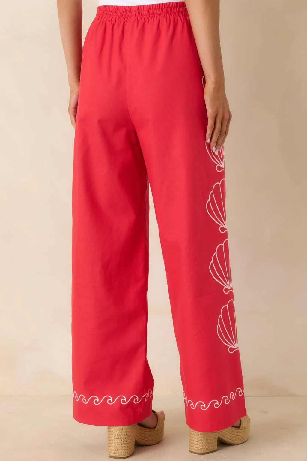 Women's Sea You Soon Red Cotton Blend Shell Embroidered Wide Leg Pants | 50% Cotton 7
