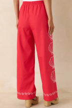 Women's Sea You Soon Red Cotton Blend Shell Embroidered Wide Leg Pants | 50% Cotton 7