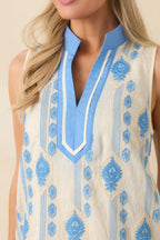 Women's Seaside Dreaming Blue Embroidered Contrast Trim Mini Shift Dress | 70% Nylon & 30% Linen 2