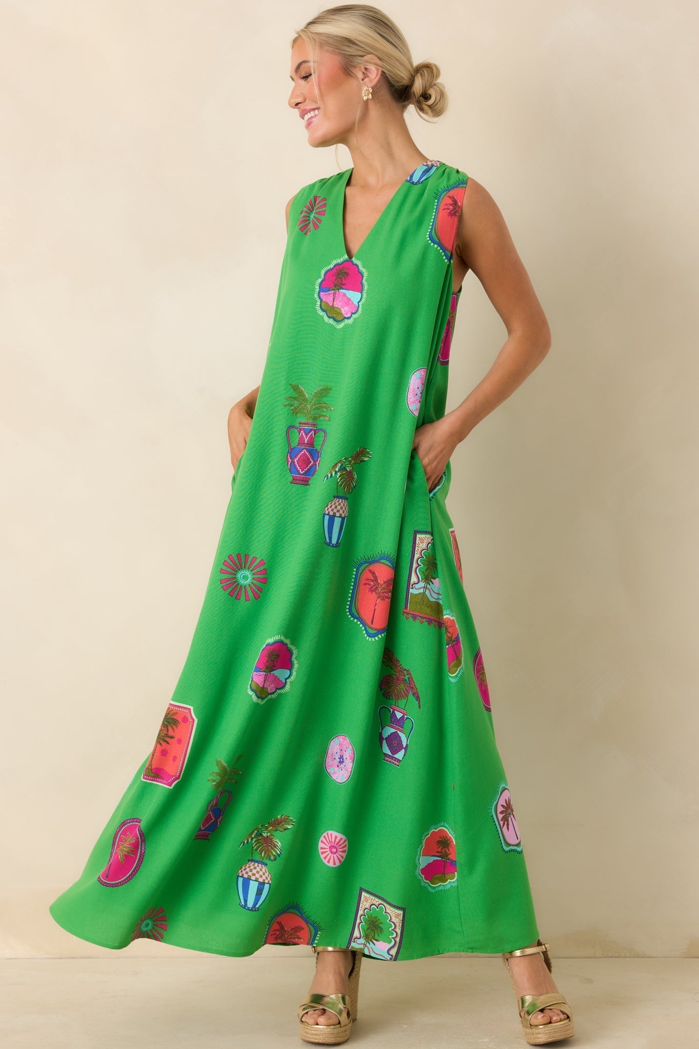 Women's Send Me A Postcard Green Multi Tropical Print Maxi Dress | 75% Rayon & 25% Linen 0