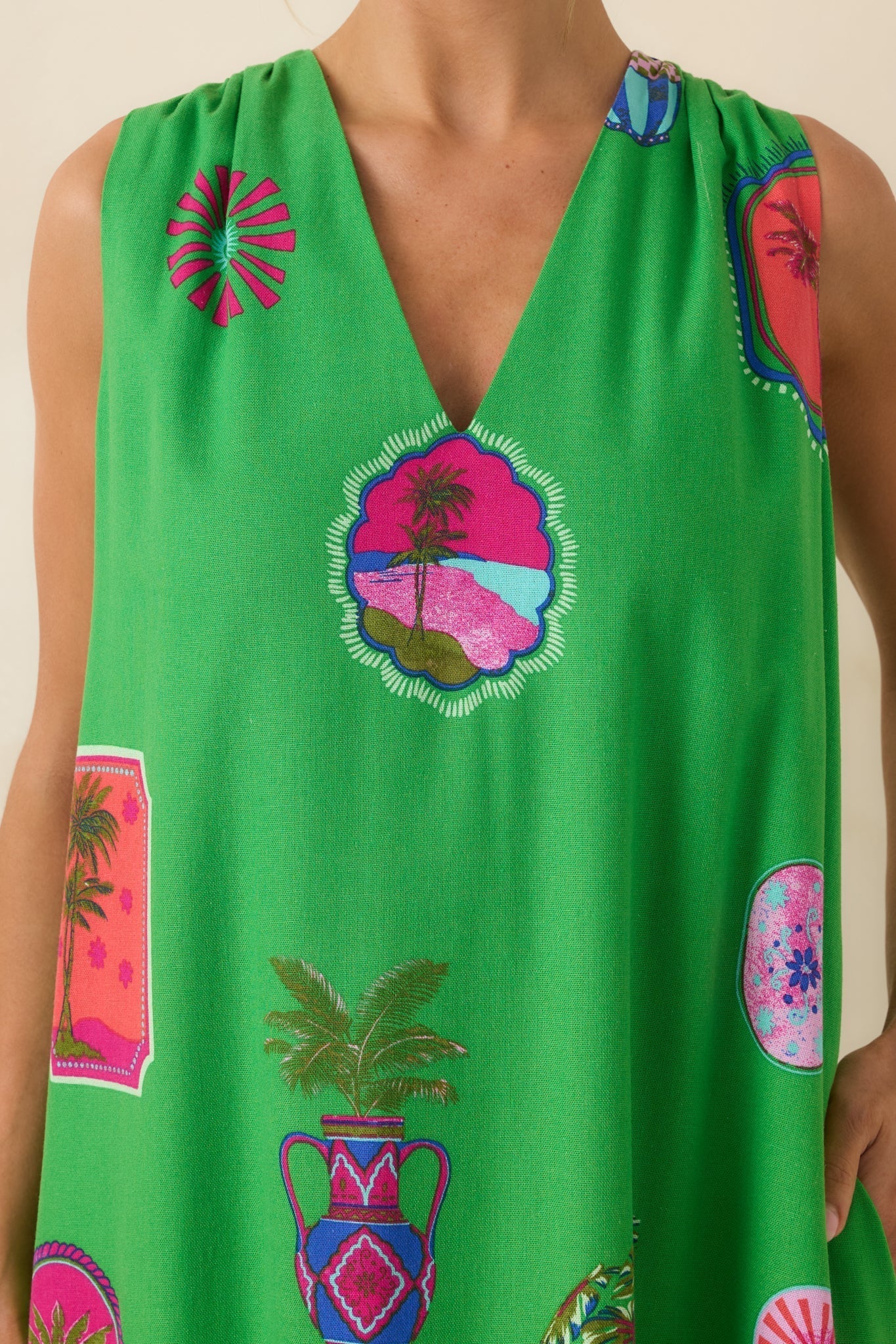 Women's Send Me A Postcard Green Multi Tropical Print Maxi Dress | 75% Rayon & 25% Linen 1