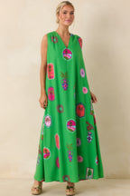 Women's Send Me A Postcard Green Multi Tropical Print Maxi Dress | 75% Rayon & 25% Linen 2