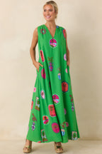 Women's Send Me A Postcard Green Multi Tropical Print Maxi Dress | 75% Rayon & 25% Linen 3
