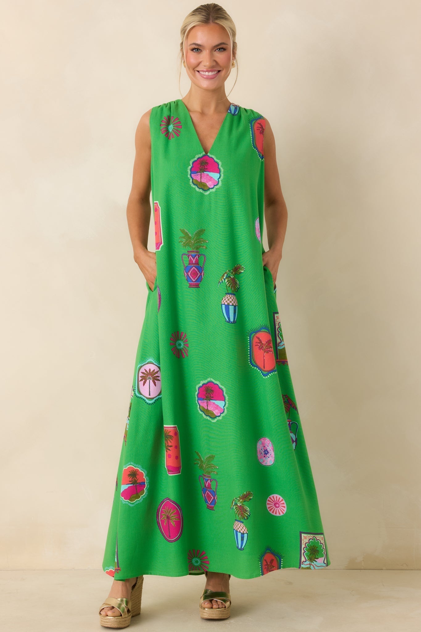 Women's Send Me A Postcard Green Multi Tropical Print Maxi Dress | 75% Rayon & 25% Linen 4