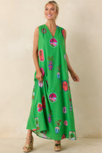 Women's Send Me A Postcard Green Multi Tropical Print Maxi Dress | 75% Rayon & 25% Linen 5